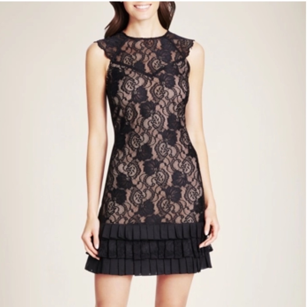 KENSIE BLACK RUFFLE HEM SLEEVELESS LACE DRESS